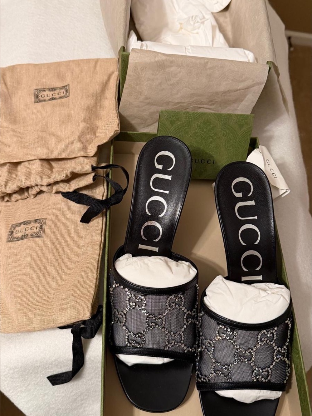 Gucci Black Crystal-Embellished GG Mesh Slide Sandals